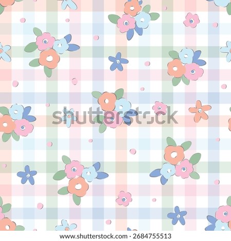Floral seamless pattern, romantic delicate pastel colors ditsy print . Cute botanical design: small hand drawn flowers, leaves abstract on white. check flower fashion ornament, illustration, fabric
