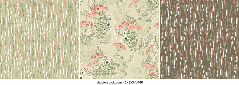 Floral seamless pattern, romantic harmonious set. Botanical elements of plants are located on a beige, brown and light green background. Vector for textile, wallpaper, tile
