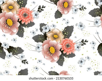 Floral seamless pattern in romantic style with stylized flowers in pink, salmon, beige and gray tones. Vector drawing for the design of fabrics, textiles, packaging, covers, wallpapers, websites, othe