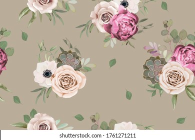 Nahtlose Blumenmuster mit Rose, Anemon, Kakteen und Peony. Vintage-Textilien. Aquarell. Vektorgrafik