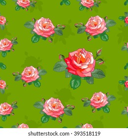 Floral seamless pattern. Rose with buds and leaves on a green background . Vector illustration. Suitable for fabrics, textiles, Wallpaper, scrapbooking.