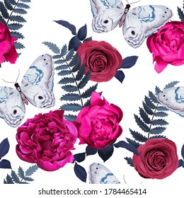 Floral seamless pattern with rose, butterfly and peony. Fashion  textile. Watercolour style. Vector illustration