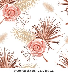 Floral sin costuras con rosa, plantas secas y hojas de palma al estilo boho. Ilustración vectorial en un fondo blanco.