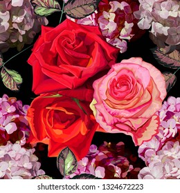 Floral seamless pattern with rose and hydrangea vector illustration