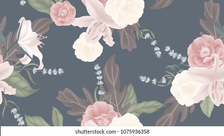 Floral seamless pattern, rose, lily, lavender with leaves on matted blue background