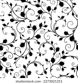 Floral seamless pattern with rose vines. Black and white floral print. Vector illustration