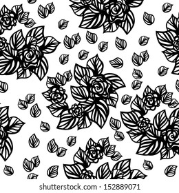 Floral seamless pattern with roses in black and white - vector