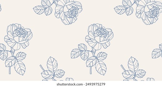 Floral seamless pattern with roses. Blue roses on a light background in a linear style. Pattern with linear roses and leaves. Floristic style