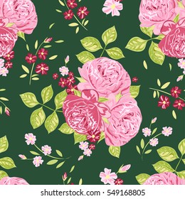 Floral seamless pattern. Roses, buds, leaves on a dark green background. Vector.