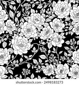 Patrón floral sin fisuras de rosas flores y hojas en estilo Chinoiserie siluetas blancas sobre fondo negro. Diseño de Fondos de pantalla para textiles, papeles, estampados, Productos de belleza.