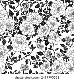 Floral Seamless Pattern of Roses Flowers and Leaves in Black Graphic on White Background in Chinoiserie Style. Hand Drawn Art. Wallpaper Design for Textiles, Papers, Prints, Fashion, Beauty Products.