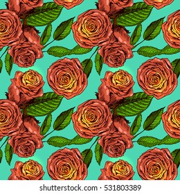 Floral seamless pattern with roses. Hand drawn sketch drawing. Boho style.