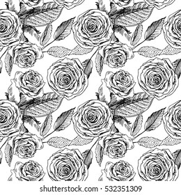 Floral seamless pattern with roses. Hand drawn sketch drawing. Boho style.
