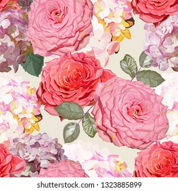 Patrón floral sin fisuras con rosas e hidrangea ilustraciones vectoriales