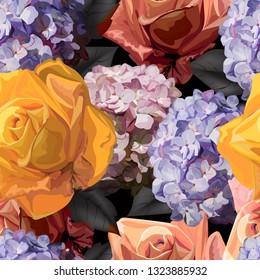 Floral seamless pattern with roses and hydrangea vector illustration