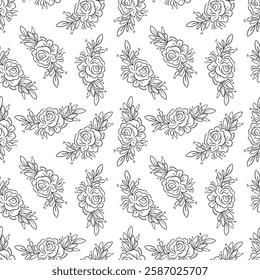 Floral seamless pattern with roses and leaves in black. vector illustration