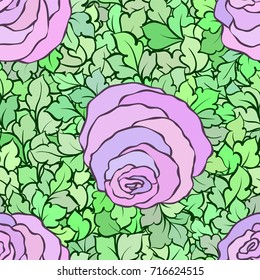 Floral seamless pattern with roses and leaves, ornamental intricate flourishes and flowers, hand-drawn artistic background, perfect for textile design or wallpaper.
