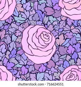 Floral seamless pattern with roses and leaves, ornamental intricate flourishes and flowers, hand-drawn artistic background, perfect for textile design or wallpaper.
