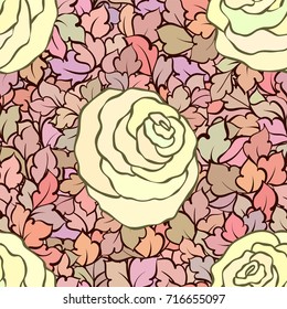 Floral seamless pattern with roses and leaves, ornamental intricate flourishes and flowers, hand-drawn artistic background, perfect for textile design or wallpaper.