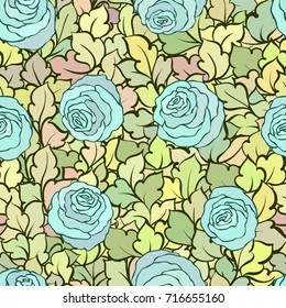 Floral seamless pattern with roses and leaves, ornamental intricate flourishes and flowers, hand-drawn artistic background, perfect for textile design or wallpaper.