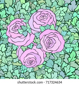 Floral seamless pattern with roses and leaves, ornamental intricate flourishes and flowers, hand-drawn artistic background, perfect for textile design or wallpaper.