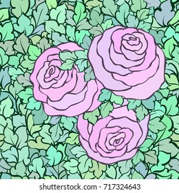 Floral seamless pattern with roses and leaves, ornamental intricate flourishes and flowers, hand-drawn artistic background, perfect for textile design or wallpaper.