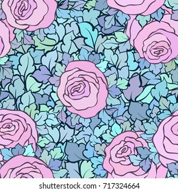 Floral seamless pattern with roses and leaves, ornamental intricate flourishes and flowers, hand-drawn artistic background, perfect for textile design or wallpaper.