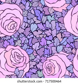 Floral seamless pattern with roses and leaves, ornamental intricate flourishes and flowers, hand-drawn artistic background, perfect for textile design or wallpaper.