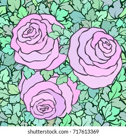 Floral seamless pattern with roses and leaves, ornamental intricate flourishes and flowers, hand-drawn artistic background, perfect for textile design or wallpaper.