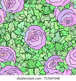 Floral seamless pattern with roses and leaves, ornamental intricate flourishes and flowers, hand-drawn artistic background, perfect for textile design or wallpaper.