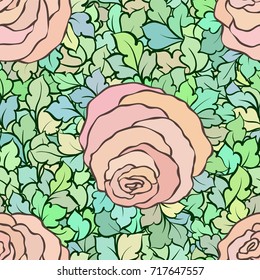 Floral seamless pattern with roses and leaves, ornamental intricate flourishes and flowers, hand-drawn artistic background, perfect for textile design or wallpaper.