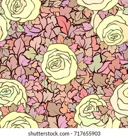Floral seamless pattern with roses and leaves, ornamental intricate flourishes and flowers, hand-drawn artistic background, perfect for textile design or wallpaper.