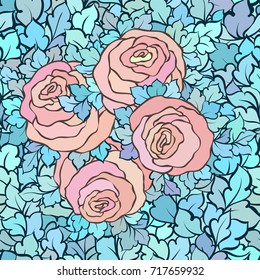 Floral seamless pattern with roses and leaves, ornamental intricate flourishes and flowers, hand-drawn artistic background, perfect for textile design or wallpaper.