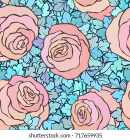 Floral seamless pattern with roses and leaves, ornamental intricate flourishes and flowers, hand-drawn artistic background, perfect for textile design or wallpaper.