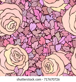 Floral seamless pattern with roses and leaves, ornamental intricate flourishes and flowers, hand-drawn artistic background, perfect for textile design or wallpaper.