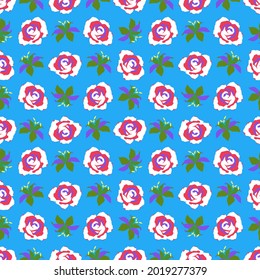 Floral seamless pattern with roses and lilies flowers on blue background