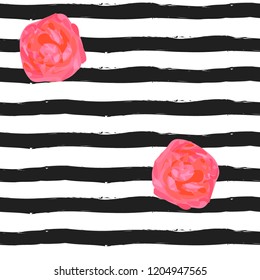 Floral seamless pattern. roses on striped background, vector illustration