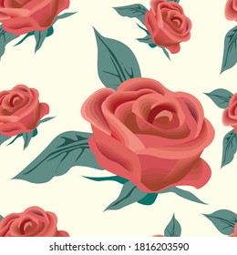 Floral seamless pattern with roses on light background.Cute ornament with incredibly beautiful flowers.For fabrics,linen,covers,clothes,wrapping paper.Rich summer background.Vector illustration