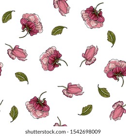 Floral seamless pattern with roses and peonies. Elegant background for fabric, wrapper, packaging, textile. Hand drawing, botanical illustration.