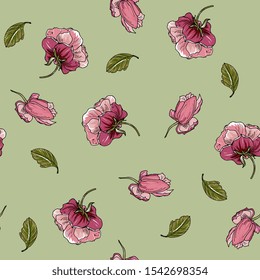 Floral seamless pattern with roses and peonies. Elegant background for fabric, wrapper, packaging, textile. Hand drawing, botanical illustration.
