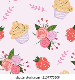 Floral seamless pattern with roses, raspberry and cupcake. 