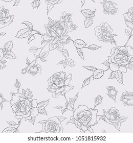 Floral Seamless Pattern with Roses in Sketched Outline Style. Flowers Monochrome Hand Drawn Background for Fabric, Print, Wrapping Paper, Decor. Vector illustration