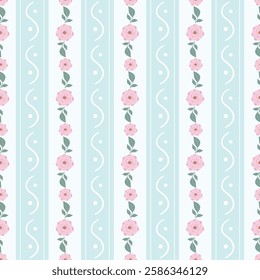 Floral seamless pattern with roses and stripes, vintage wallpaper in pastel colors