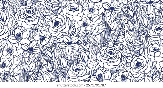 Floral Seamless Pattern of Roses, Tulips, Narcissus Flowers and leaves on Flowers field with bold outlines, Blue on White Background. Wallpaper Design for Textiles, Papers, Prints, Beauty Products.