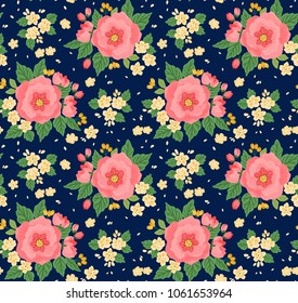 Floral seamless pattern with roses in vintage style. Surface design of pink flowers and leaves on a dark blue background. A bouquet of spring flowers for fashion prints. Modern floral background.