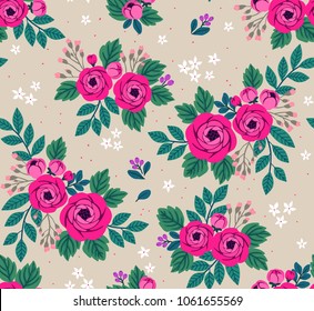 Floral seamless pattern with roses in vintage style. Surface design of pink flowers and leaves on a light gray background. A bouquet of spring flowers for fashion prints. Modern floral background.