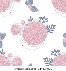 Floral Seamless Pattern. Round Hand Drawn Pink Asters on White Background. Vector Print Design. 