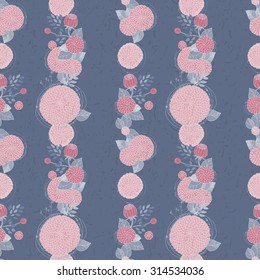 Floral Seamless Pattern. Round Hand Drawn Pink Asters on Blue Gray Background. Vector Print Design. 