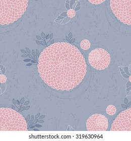 Floral Seamless Pattern. Round Hand Drawn Pink Asters on Blue Grey Background. 