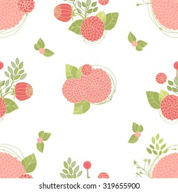 Floral Seamless Pattern. Round Hand Drawn Pink Asters on White Background. 